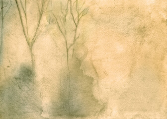 Artistic sepia background of a misty landscape with trees - 387319759