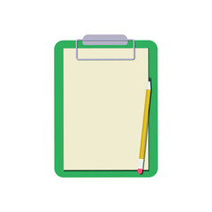 A plastic clipboard folder with a blank sheet of white paper and a simple pencil attached to it. Vector illustration, flat cartoon color minimal design isolated on white background, eps 10.