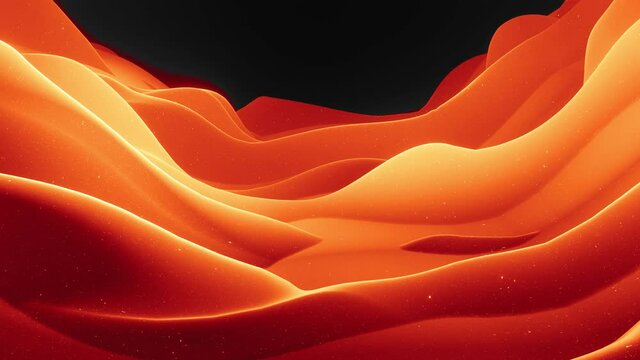 Beautiful abstract 3D surface with glitter sparkles, abstract 3d waves run on surface in loop. Red orange gradient, soft matte material with light inner glow. Smoothly 4k animation