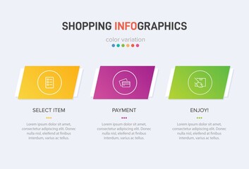 Concept of shopping process with 3 successive steps. Three colorful graphic elements. Timeline design for brochure, presentation, web site. Infographic design layout.