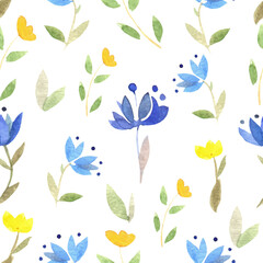 watercolor delicate floral pattern, blue tulips isolated on a white background, the pattern is perfect for textiles, wrapping paper and scrapbooking	