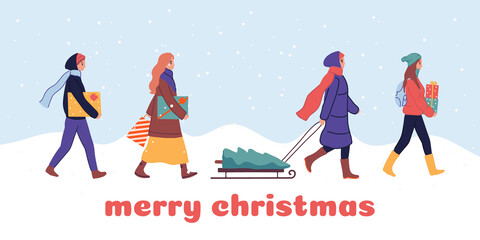 Big Christmas sale, Happy New Year market, people shopping, buying gifts. Crowd in warm clothes walking and carrying present boxes. Cartoon winter poster, banner, greeting card set. Outdoor activities