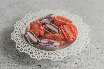 Macaroons. Delicious french desserts. Macaroons on the table