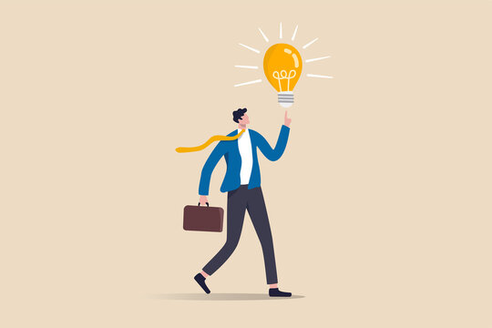 Business idea, businessman company leader got solution to solve business problem or creativity thinking concept, smart businessman holding suitcase thinking and got bright lightbulb lamp on his finger