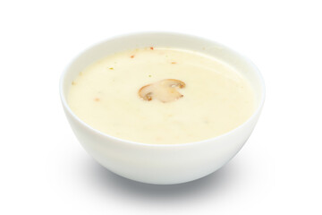 Plate with tasty mushroom soup isolated on white background