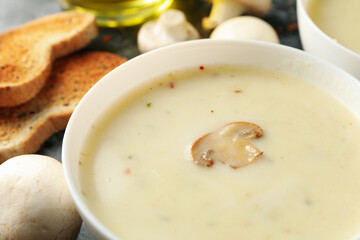 Bowl of tasty mushroom soup with champignon, close up