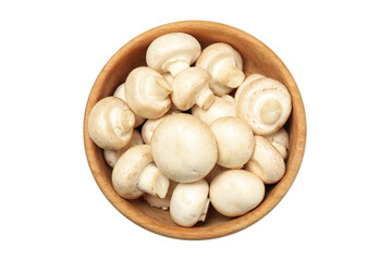 Wooden bowl of champignons isolated on white background