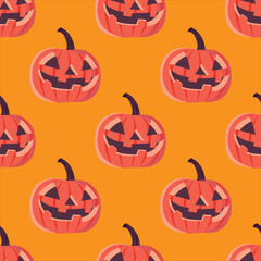 Halloween seamless pattern. Texture with pumpkin face horror pumpkin jack o lantern seamless pattern on yellow background.