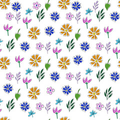 Vector seamless pattern with multi-colored flowers on a white background. Use in fabric, wrapping paper, wallpaper, bags, clothes, dishes, cases on smartphones and tablets.