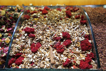 Retail display shelf of colorful fried flower leaves