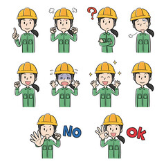 ヘルメットと作業着の女性ポーズ表情イラストセット
