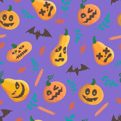 Vector halloween pattern with orange pumpkin bats and candies on purple background