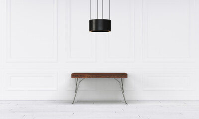 Modern workspace with desk and lamp in minimalistic interior