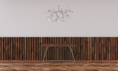 Modern workspace with desk and lamp in minimalistic interior