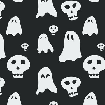 Pattern with doodle skull and ghost for web design, textile and wrapping. Vector background. Hand drawn