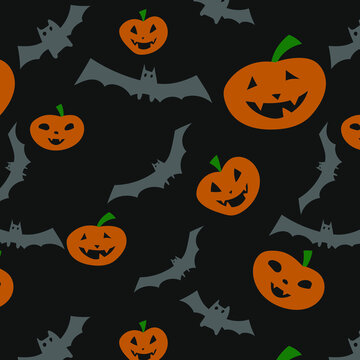Pattern with doodle pumpkins and bat for web design, textile and wrapping. Vector background. Hand-drawn