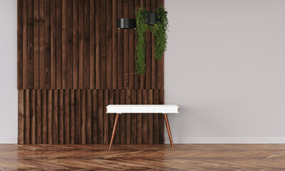 Modern workspace with desk and lamp in minimalistic interior