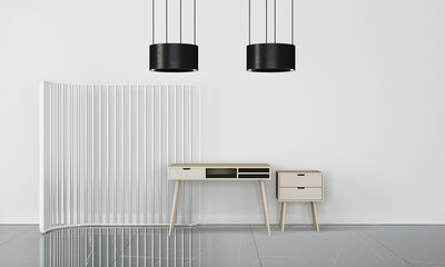 Modern workspace with desk and lamp in minimalistic interior