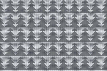 Christmas and Winter holiday knitting pattern for plaid, sweater design. Vector seamless pattern in gray, white colors with Christmas trees.