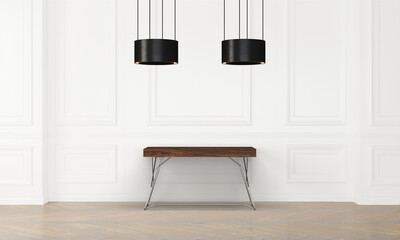 Modern workspace with desk and lamp in minimalistic interior