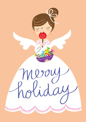 Cute Christmas angel character Happy Holidays greeting vector illustration card design