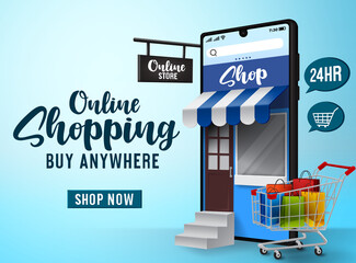 Online sale shopping vector banner design. Online shopping text with phone, cart and paper bag elements in smartphone app store for mobile business marketing. Vector illustration.
