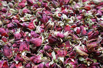 Retail display shelf of colorful fried flower leaves