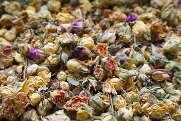 Retail display shelf of colorful fried flower leaves