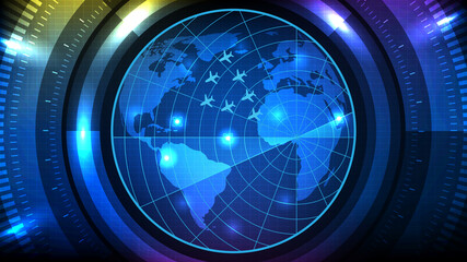 abstract background of futuristic technology screen scan flight radar airplane route path with world maps