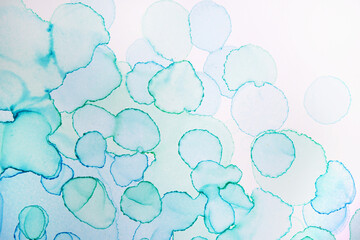 Fototapeta na wymiar Transparent blue handdrawn watercolor drops on white background. Bubbles imitation.