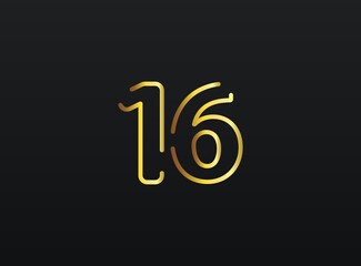 16 Year Anniversary celebration number vector, modern and elegant golden design. Eps10 illustration