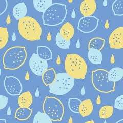 Gordijnen Citroen in blauwe zomer vector illustratie naadloze patroon © F-lin