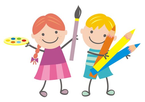 Kids and painting, humorous vector illustration. Girl with brush and palette of colors and boy hold crayons.	