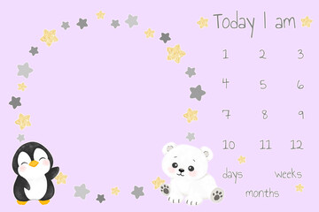 design for baby blanket milestone, stars and cute little animals, baby animals, bear, penguin