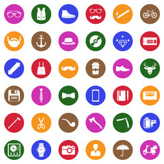 Hipster Icons. White Flat Design In Circle. Vector Illustration.