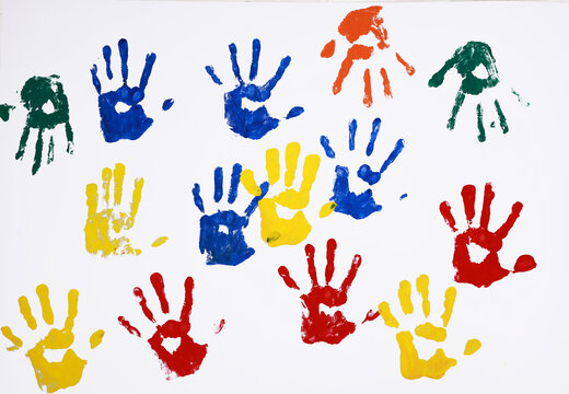 Colorful Hand Prints On White Paper, Diversity Child Hand Print Together On White Background 