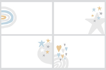 Cute Abstract Geometric Vector Backgrounds Set with Hand DrawnRainbow, Stars and Hearts Isolated on a White Background. Funny Infantile Style Doodle Layouts. 