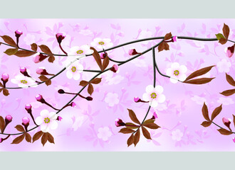 A border of blossoming branches of cherry on pink abstract background. Sakura seamless floral texture. Vector