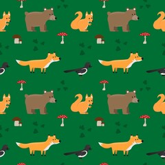 Forest animals funny cartoon seamless pattern in natural green and brown fall colors with Bear, Fox, Squirrel and Magpie. Vector. Autumn season.