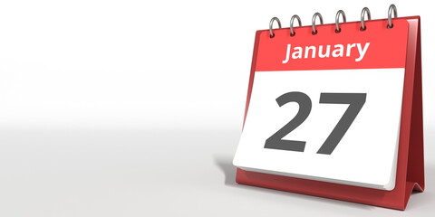 January 27 date on the flip calendar page, 3d rendering