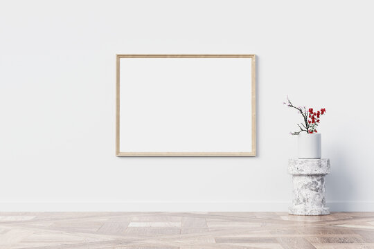 Mock up canvas poster spruce wood frame with spruce wood ground and flower vase. White wall Background