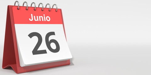 June 26 date written in Spanish on the flip calendar, 3d rendering