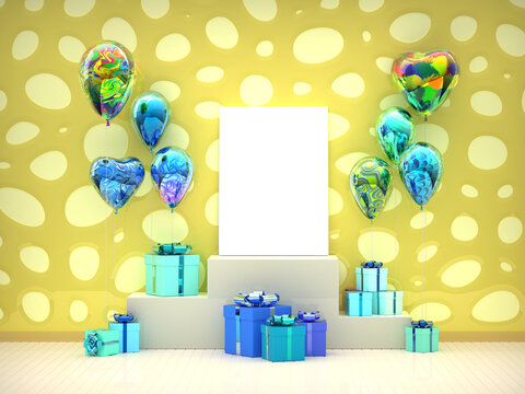 Party Room Mock up canvas poster print with pattern heart balloon, birthday gift and celebration present box. Empty space for advertising, promotion, social media banners. Yellow Valentines room. 3d i