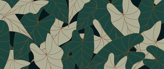 Tropical leaf Wallpaper, Luxury nature leaves pattern design, Golden banana leaf line arts, Hand drawn outline design for fabric , print, cover, banner and invitation, Vector illustration..