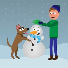 cartoon man and dog building a snowman in the snow. Blue sky behind, comic vector illustration of funny characters for winter season