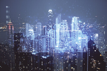 Double exposure of buildings hologram over cityscape background. Concept of smart city.