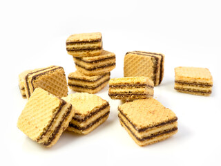 Crispy chocolate wafer flavor, square wafer biscuits on white
