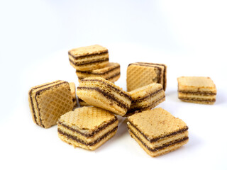 Crispy chocolate wafer flavor, square wafer biscuits on white