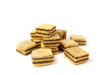 Crispy chocolate wafer flavor, square wafer biscuits on white