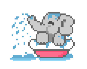 Image of elephant bathing in pixel art. Vector illustration.